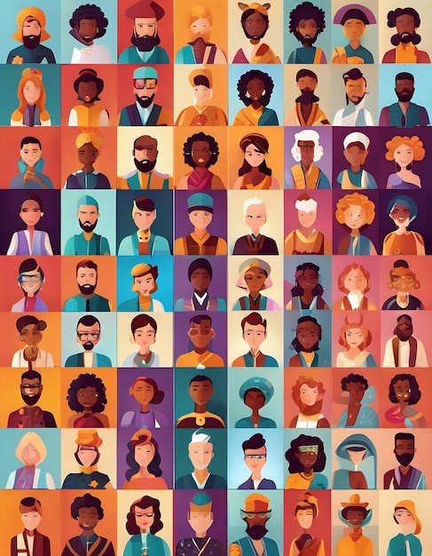 A vector illustration of a character selection screen with diverse avatars and skill sets colorful
