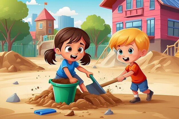 Vector illustration of children kids boy and girl fighting dispute tussle over toy bucket shovel in sandbox sandpit playground