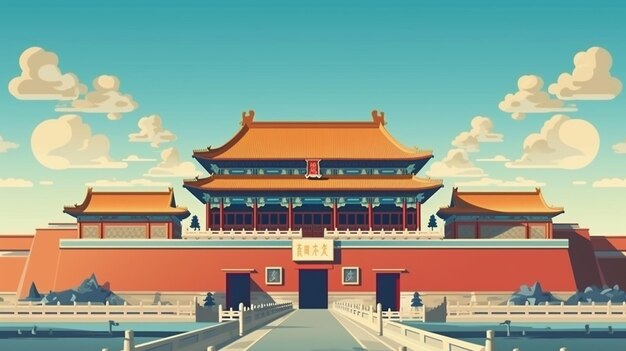 A vector illustration of a chinese building with a bridge leading to it generative ai