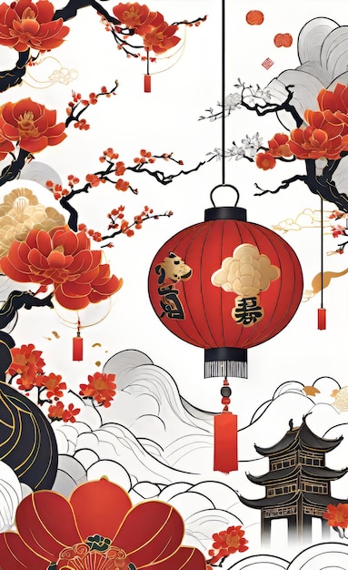 vector illustration Chinese New Year greetings traditional Chinese floral patterns and red lantern