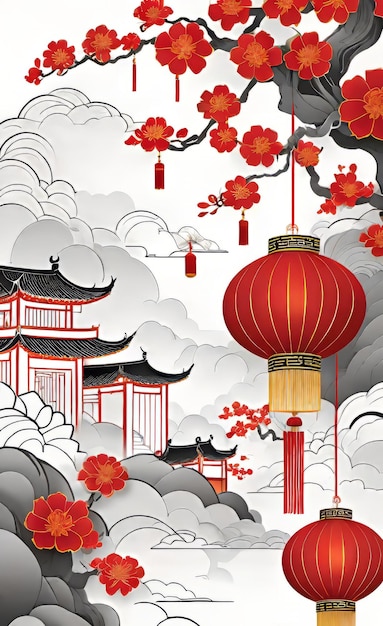 vector illustration Chinese New Year greetings traditional Chinese floral patterns and red lantern