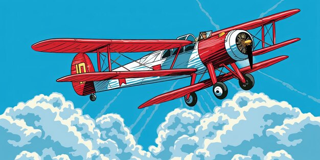 Vector illustration of the clouds image with a biplane flying in the blue sky