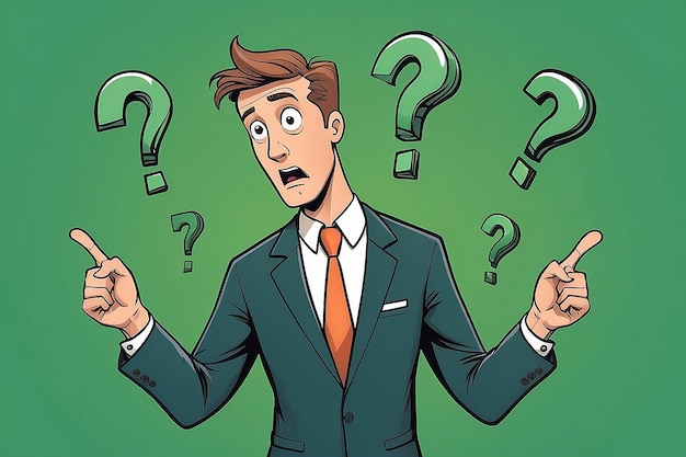 Vector illustration of a clueless cartoon businessman looking at three green question marks above his head