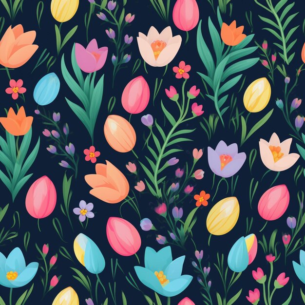 A vector illustration of colorful easter eggs and flowers.