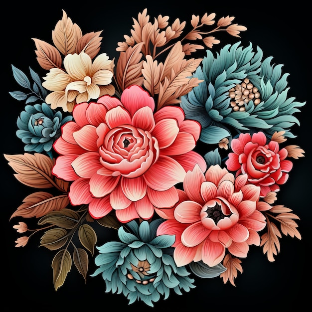 vector illustration of colorful flowers on black background