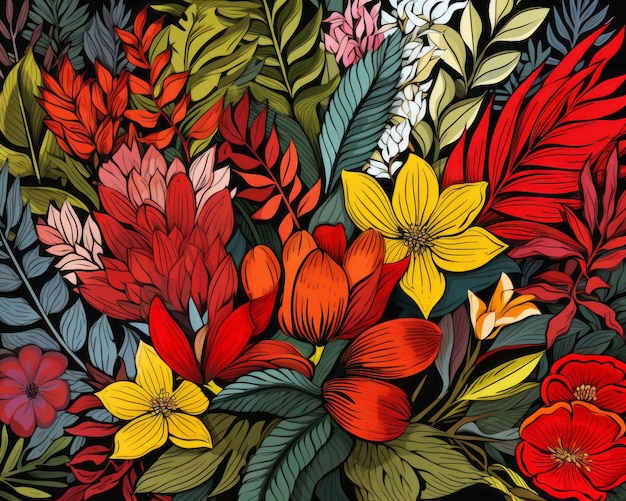 vector illustration of colorful flowers and leaves on a black background