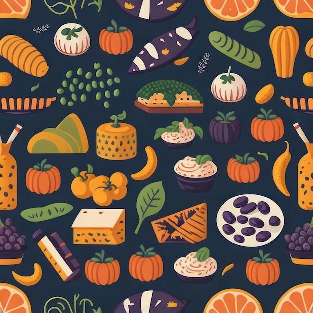 Photo a vector illustration of a colorful food background with different fruits and vegetables.