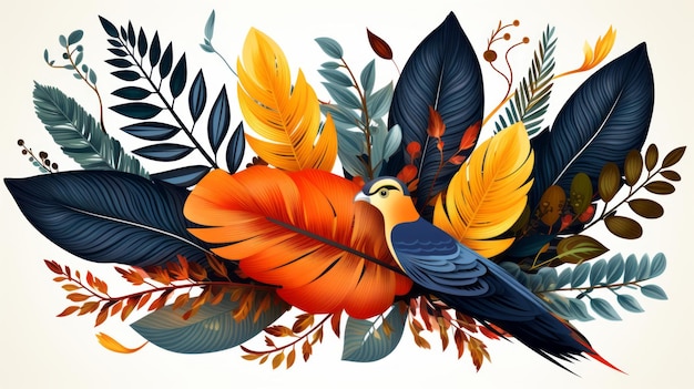 vector illustration of colorful tropical leaves and bird