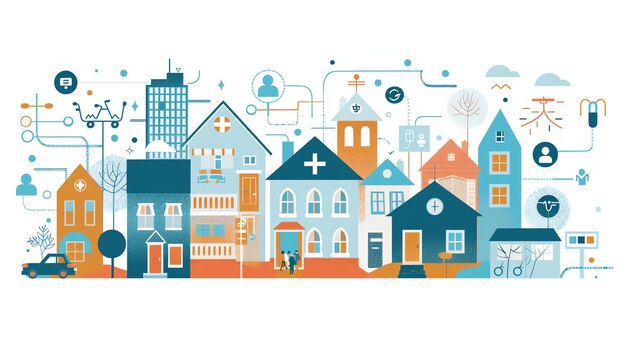 Photo a vector illustration of a connected neighborhood with people houses and businesses the illustration is in a flat style with bright colors