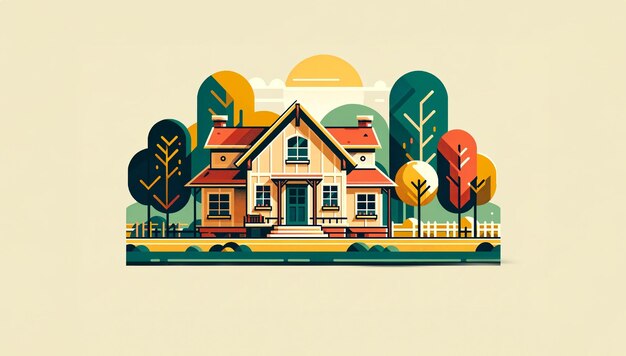 векторная иллюстрация загородного дома с деревьями на заднем плане, выполненная в плоском стиле
