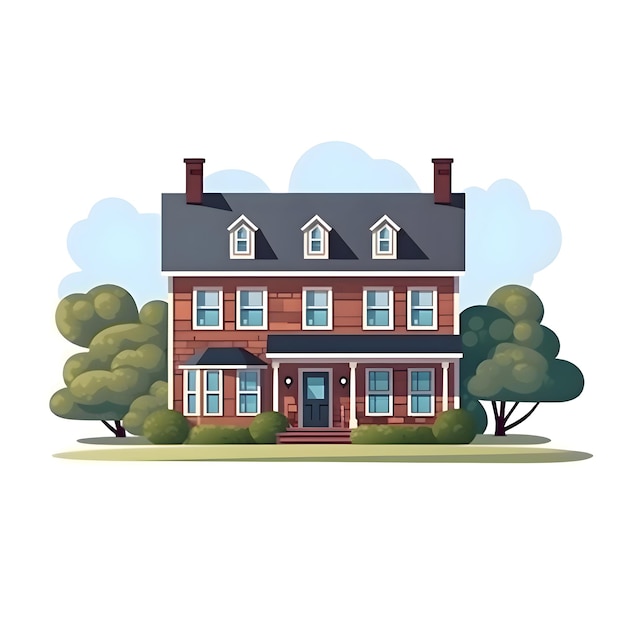 Vector illustration of a country house with treesbushes and grass on a white background