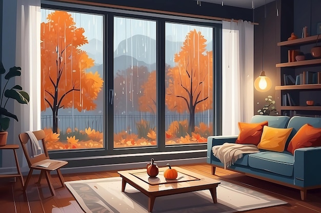 Vector illustration of cozy autumn living room with rain outside the window