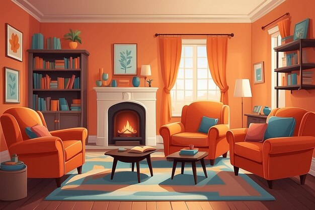 Vector illustration of a cozy cartoon interior of an orange home room