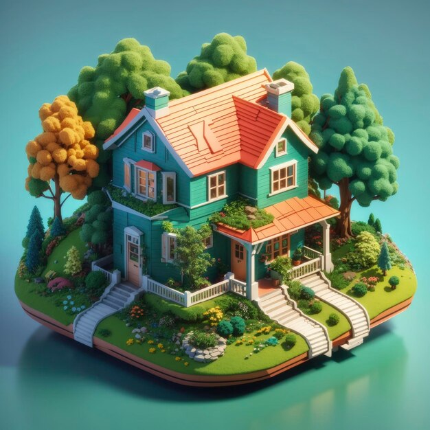 Vector Illustration of a Cozy Small House Nestled in Lush Surroundings