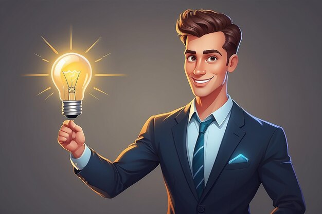 Vector illustration of a creative young cartoon businessman pointing at light bulb as a symbol of having an idea