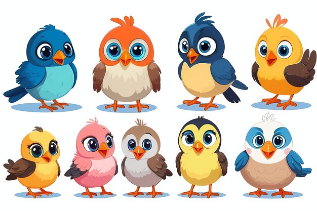 Photo vector illustration cute bird doodle set and bird cartoon character design collection