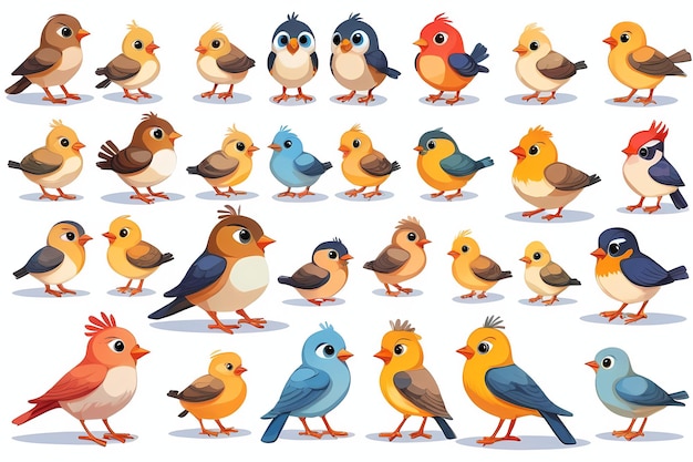 Photo vector illustration cute bird doodle set and bird cartoon character design collection