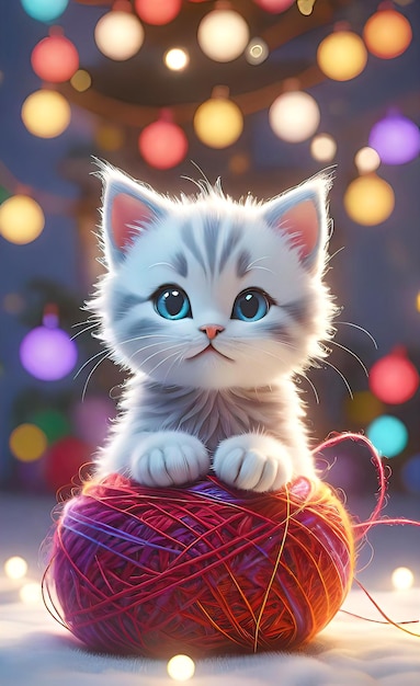 Фото Векторная иллюстрация милый веселый котенок играет с шаром из нитки детская картина