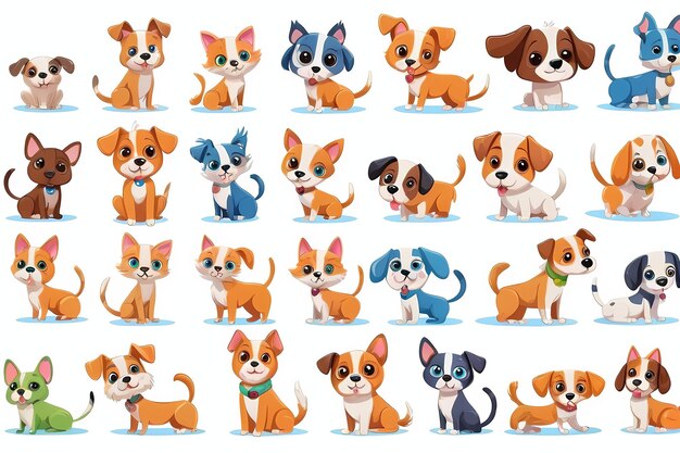 Фото Векторная иллюстрация милый набор собачьих рисунков и коллекция дизайна персонажей мультфильмов для собак
