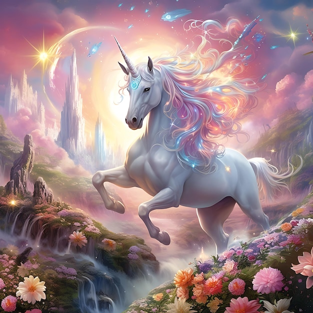 Foto illustrazione vettoriale fata carina e unicorno arcobaleno colori dell'arcobaleno unicorno magico di fantasia per capelli