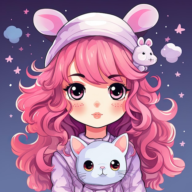 Vector illustration of a cute kawaii anime girl with a cute cat background generated by AI