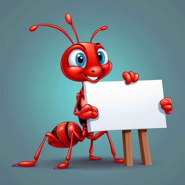 Vector illustration of a cute little red ant with blank sign No gradient