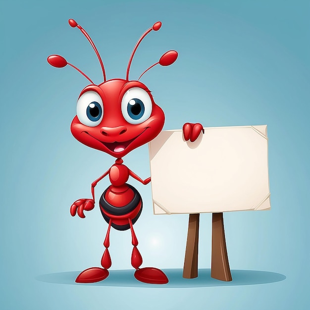 Photo vector illustration of a cute little red ant with blank sign no gradient