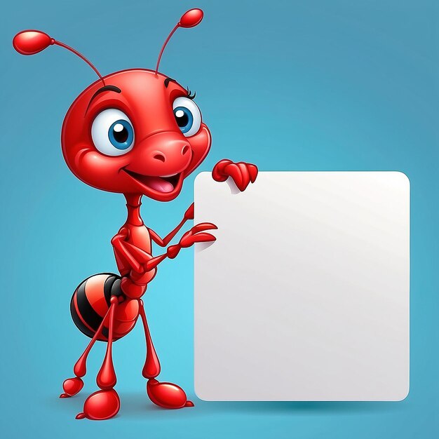 Vector illustration of a cute little red ant with blank sign No gradient