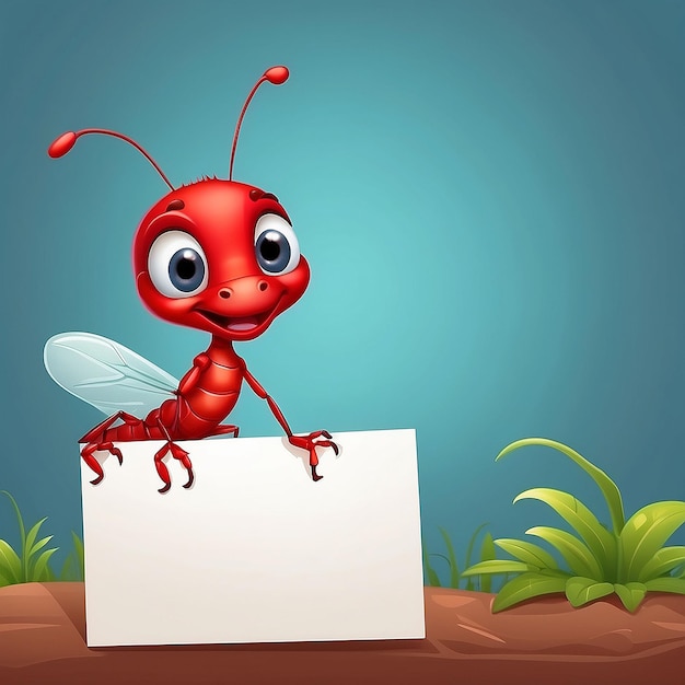 Photo vector illustration of a cute little red ant with blank sign no gradient