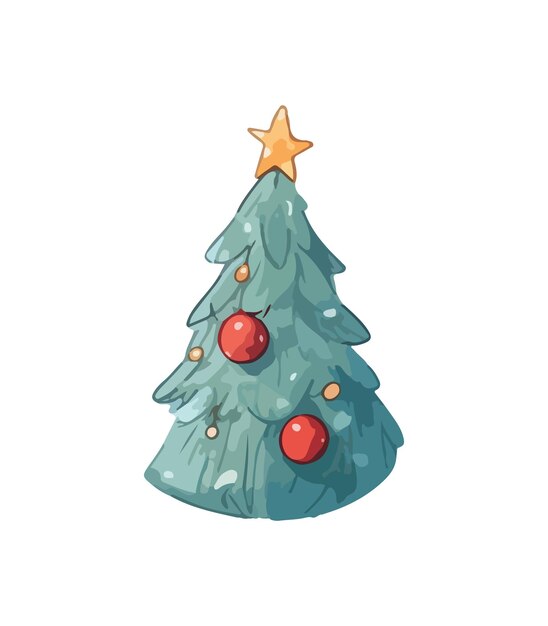 Illustrazione vettoriale di un albero di natale decorato con la neve su sfondo bianco pino verde e soffice di natale isolato su fondo bianco albero di natate carino in stile acquerello di cartone animato