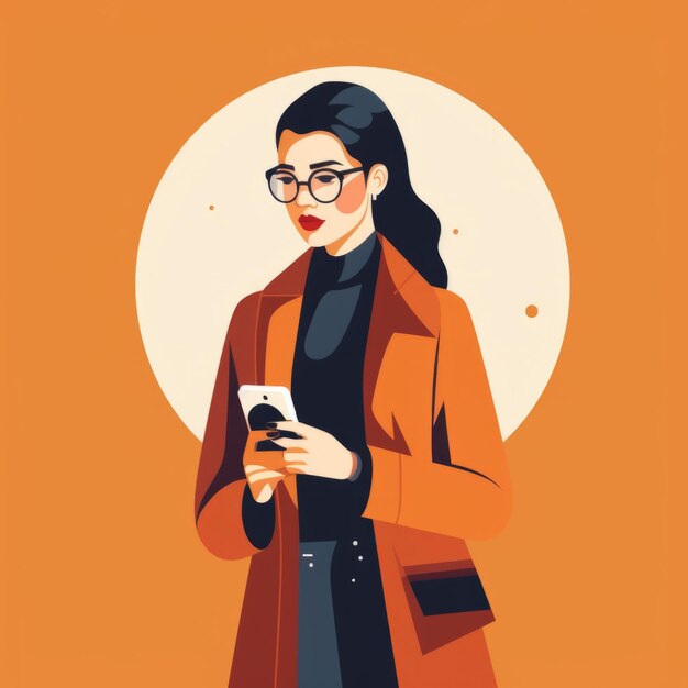 A vector illustration depicting a focused woman using a cell phone the woman should be shown