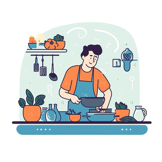 A vector illustration depicting a young man cooking The man white background White background HD Pho
