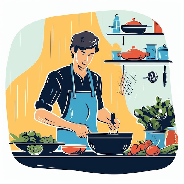 A vector illustration depicting a young man cooking The man white background White background HD Pho