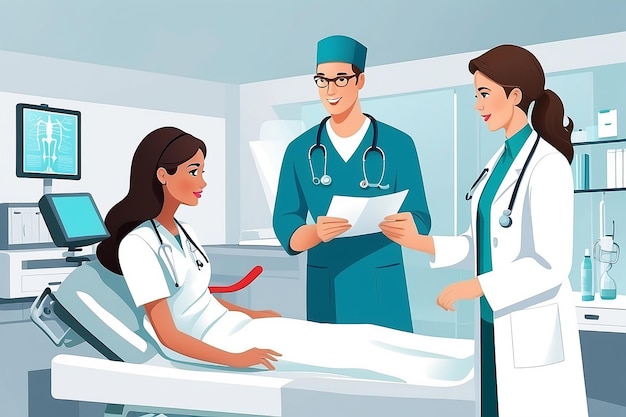 Векторная иллюстрация врача и медсестры, разговаривающих с пациентом в больнице