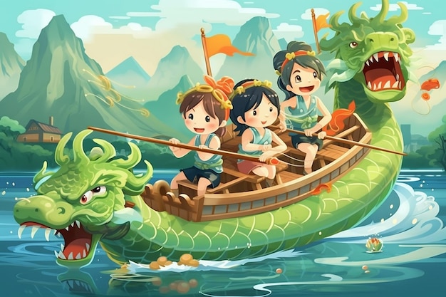 Vector illustration of Dragon Boat Festival activities and games