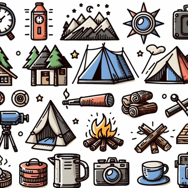 Photo vector illustration drawing style of camping icons collection