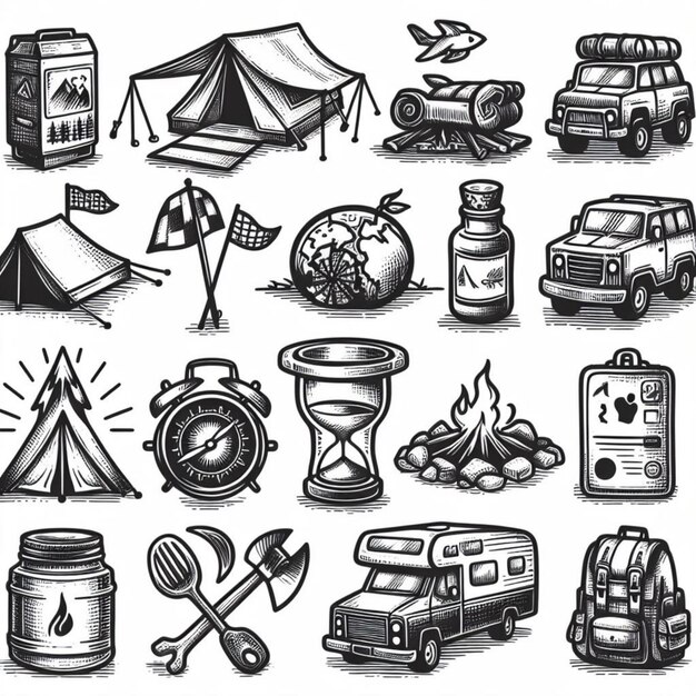 Photo vector illustration drawing style of camping icons collection