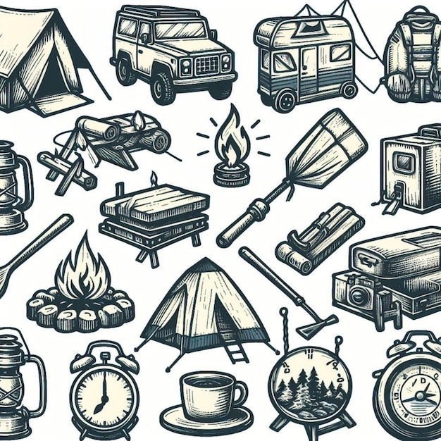 vector Illustration drawing style of camping icons collection