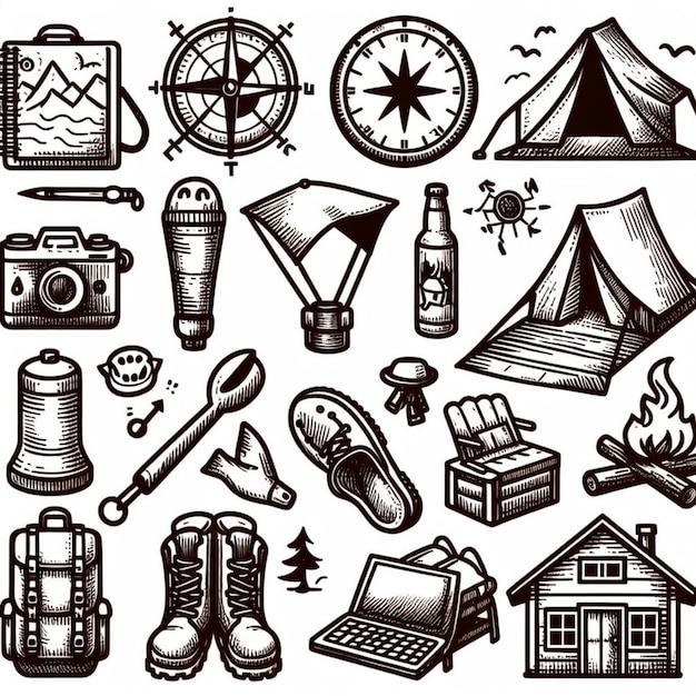 Photo vector illustration drawing style of camping icons collection