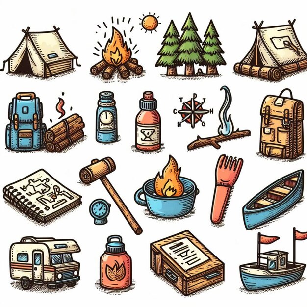 vector Illustration drawing style of camping icons collection