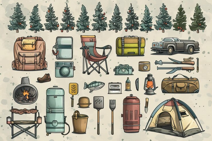 Photo vector illustration drawing style of camping icons collection