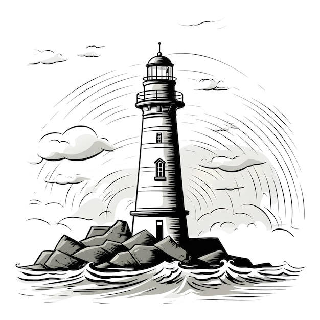 Photo vector illustration of an engraving of lighthouse with waves