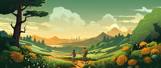 Vector illustration of a family enjoying a bike ride in nature