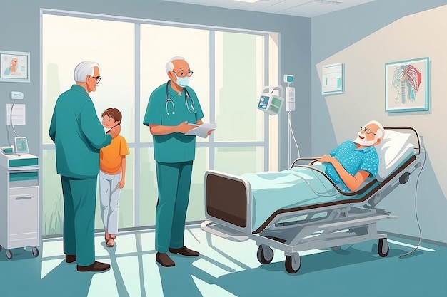 Photo vector illustration of family visit grandfather at hospital eps 10