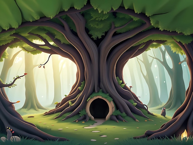 Vector illustration Fantasy forest background with hollow tree