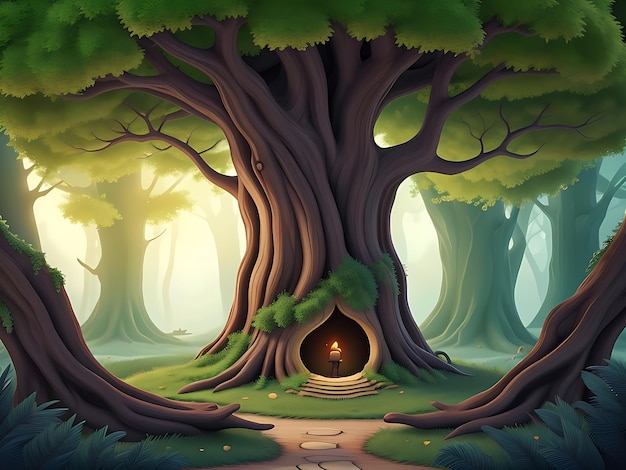 Vector illustration Fantasy forest background with hollow tree