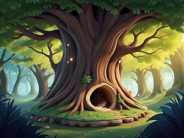 Vector illustration Fantasy forest background with hollow tree