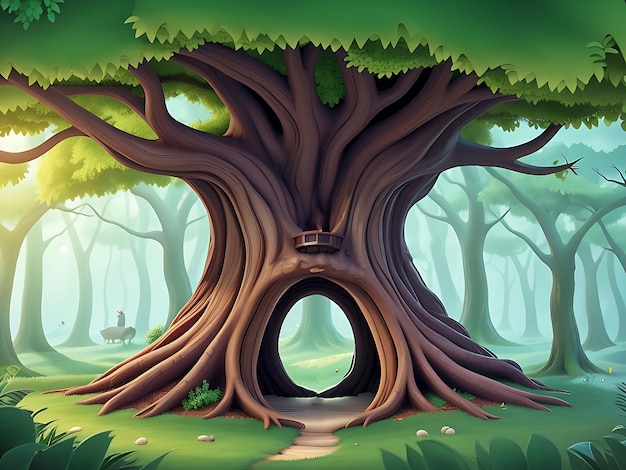Векторная иллюстрация Фантастический лесной фон с полым деревом
