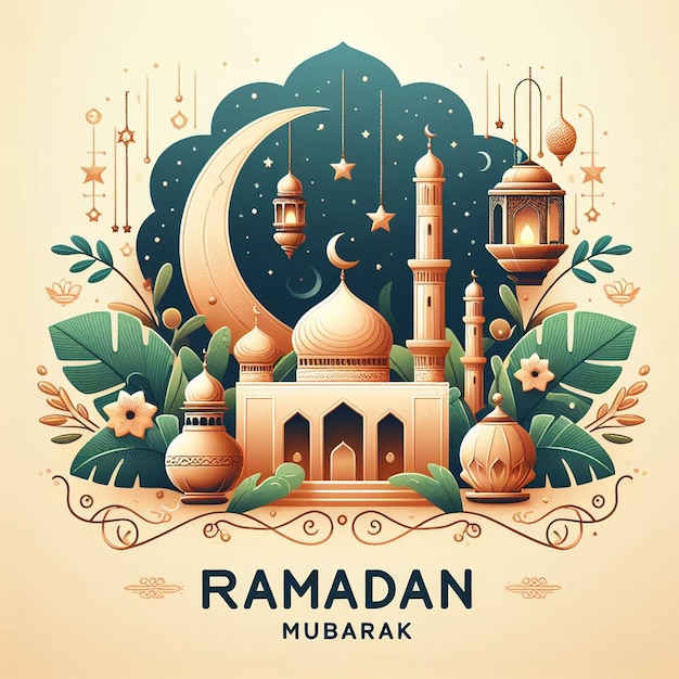 The vector illustration features symbolic elements such as lamps mosques crescents and rosaries