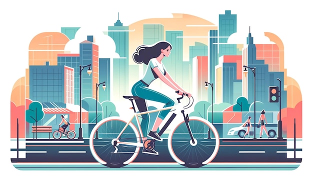 Photo vector illustration in flat style of a girl dressed in a tshirt riding a bicycle